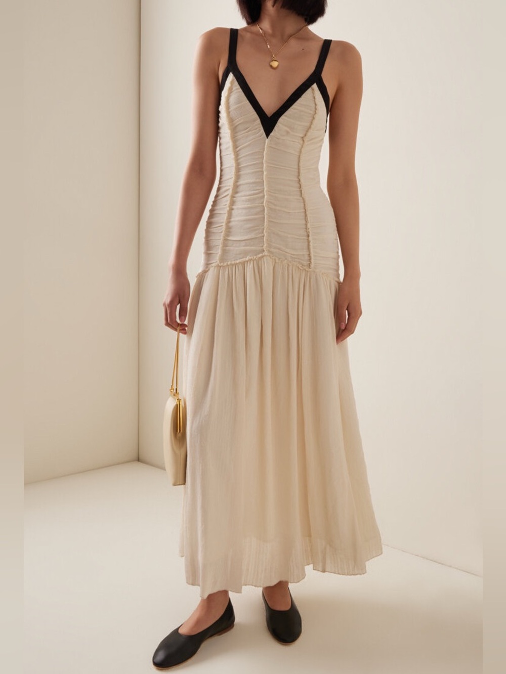 Sea New York Tatum Dress Cream Silk Blend Ruched Drop Waist Contrast Trim Sz